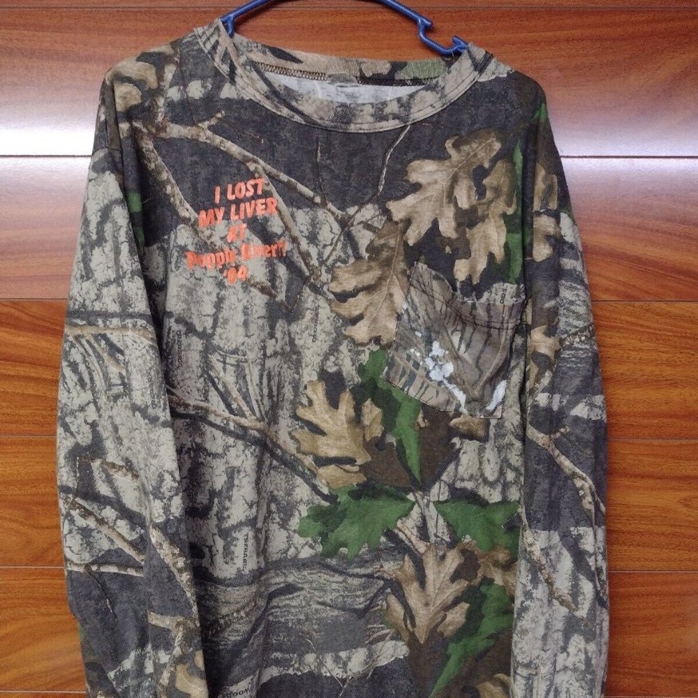 Men's Trail Crest Camouflage Long Sleeve T Shirt Shooting Deer & Drinking Beer